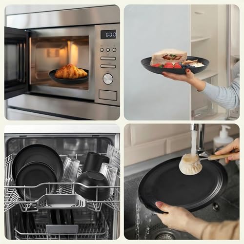 Wheat Straw 16 PCS Plates and Bowls Sets for 4 persons, Unbreakable Dinnerware Sets, Plastic Dish Set for Camping, Dishwasher Microwave Safe, Outdoor Kitchen and Apartment Dinning (Black) - color: Black