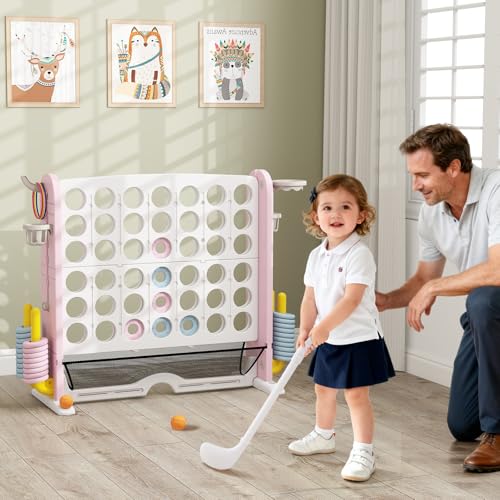 COSTWAY Giant 4 in A Row Connect Game Set, Height Adjust 4-to-Score Game with Mesh, Golf, Ring Toss Sets, Basketball & Cup Holders, Indoor Outdoor Yard Party Game for Kids Adults, Family (Pink) - color: White & Pink