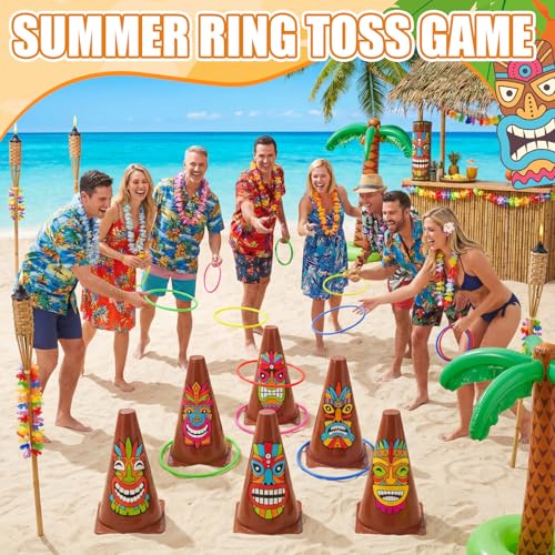 Jenaai 26 Pcs Luau Party Favors Luau Tiki Pool Ring Toss Game Limbo 6 Plastic Cones Hawaiian 20 Toss Rings for Indoor Outdoor Summer Tropical Pool Beach Party Supplie