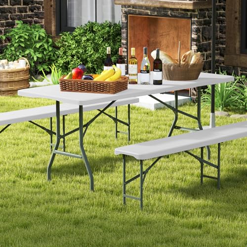 Goplus 6ft Plastic Folding Table, 350 LBS Outdoor Heavy Duty Folding Tables with HDPE Tabletop, Handle, Lock, Foldable Rectangle Portable Utility Card Table for Picnic, Party, Camping, Dining - color: White, size: 6 FT