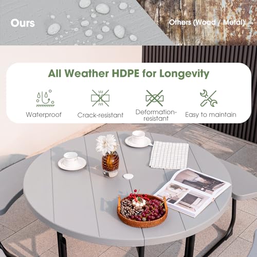 Giantex Picnic Table Set for Up to 8 Persons, Round Outdoor Table and Bench Set with Umbrella Hole, HDPE Top & Metal Frame, 2000LBS Capacity, Patio Table Bench for Deck Backyard Garden (Gray) - color: Grey, size: Round-43"x43"x30"