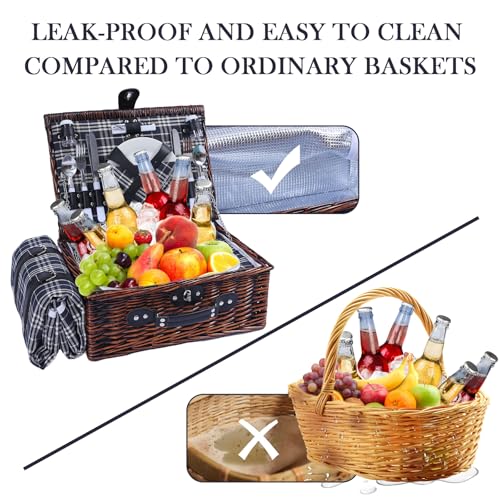 Neti Neti Wicker Picnic Basket for 4 with Insulated Cooler & Waterproof Blanket – Large Willow Picnic Hamper for Outdoor, Camping, Beach, Romantic Dates, Valentine’s Day - color: Black & White Checkerboard