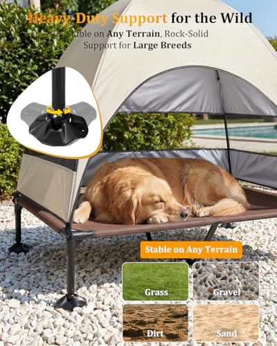 Elevated Dog Bed with Canopy - 3-Sided UV Protection Pet Tent with Wider Shade, Raised Cooling Outdoor Dog Cot with Breathable Mesh for Medium Large Dogs, Portable Bed for Camping, Patio (Khaki, XL) - color: Khaki, size: X-Large