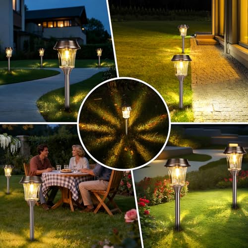 Solar Pathway Lights Outdoor 4 Pack, Stainless Steel & Glass Solar Garden Lights, Auto Dusk to Dawn IP65 Waterproof LED Path Lights for Yard, Lawn, Walkway, Driveway - color: Silver