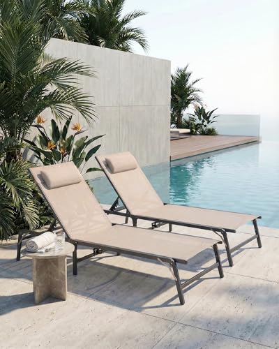 Foldable Chaise Lounge Chair with Cup Holder, Assemble-Free Outdoor Lounge Chair with Detachable Pillow and 6 Adjustable Backrest, Patio Lounge Chair for Outside Poolside Beach Pool, Khaki - color: Khaki, size: 1-Pack