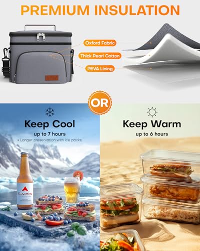 HOTOR Insulated Lunch Box for Men & Women - Leak-Proof Cooler Lunch Bag with 4 Pockets, Adjustable Strap, Ideal for Work, Picnic, Travel - Medium, Light Grey,10.2"×6.9"×8.5" - color: Light Grey, size: 9l - 1 Tier