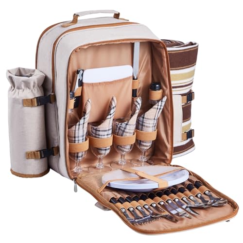 VEVOR Picnic Backpack, Beach Picnic Backpack Bag for 4 Person with Insulated Cooler Compartment, Detachable Bottle/Wine Holder, Lightweight Blanket, Plates & Cutlery Set for Outdoor, Hiking, Camping - size: single layer for 4 & gray