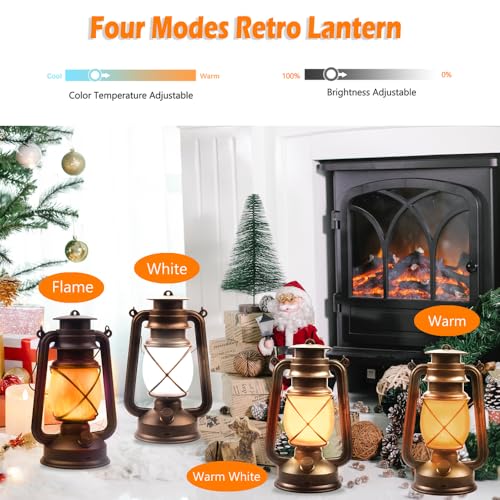 Lantern LED Battery Powered Camping Lamp Outdoor Hanging Rechargeable Lantern Flickering Flame Retro Lanterns Remote Control 4 Modes Light Non-Solar 2 Pack