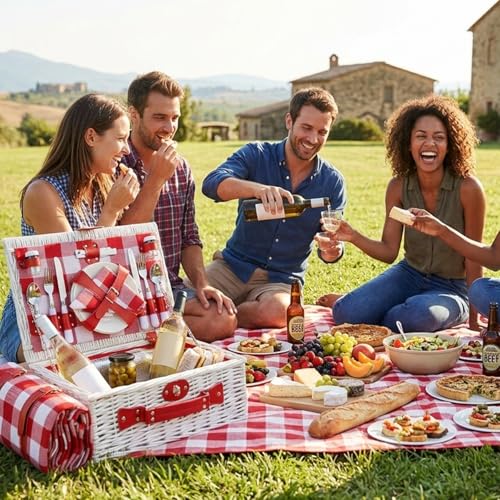 Picnic Baskets Wicker Willow Picnic Set for 4 Persons with Insulated Cooler Bag and Waterproof White Red Picnic Blanket Gift for Christmas Thanksgiving Wedding Birthday Camp Outdoor Beach Travel - color: White & Red