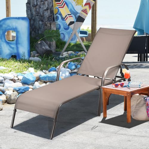 Giantex Patio Lounge Chair, Outdoor Chaise Lounge with 5 Adjustable Backrest, Sturdy Metal Frame, Sunbathing Recliner, Tanning Chairs for Outside, Beach, Yard, Balcony, Poolside, Brown - color: Brown