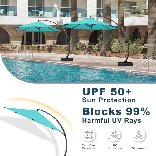 11FT Cantilever Umbrella with Base Large Curvy Outdoor Aluminum Offset Umbrella w/ 360° Rotation, UV Resistant Canopy for Patio, Garden, Backyard, Turquoise Blue - color: Turquoise Blue, size: 11FT