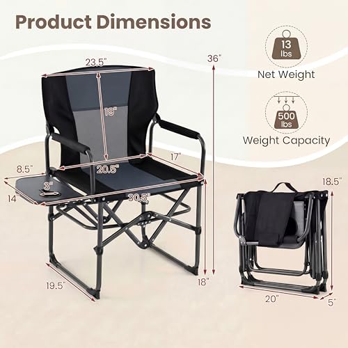 GYMAX Oversized Camping Directors Chair, Portable Folding Camping Chairs for Adults with Table, Heavy-Duty Lawn Chair for Fishing, Picnic, Sports, Beach, Outdoor, Supports 500LBS (Grey) - color: Grey