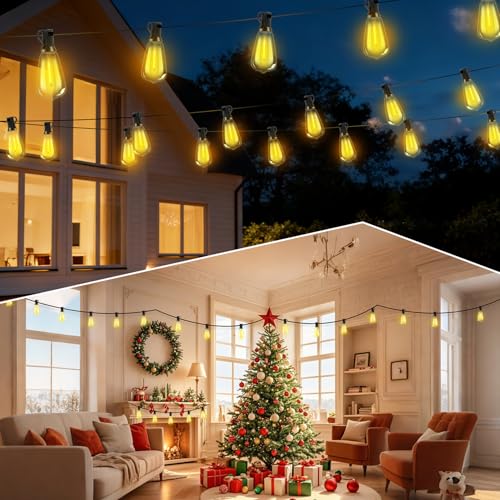 Solar Lights Outdoor Waterproof: ST38 82FT 25M Shatterproof Bulbs Patio Lights - Solar Powered & USB Charging- Remote Control 3 Light Modes Dimmable Solar Light - Camping Backyard Garden - size: 82FT-Remote