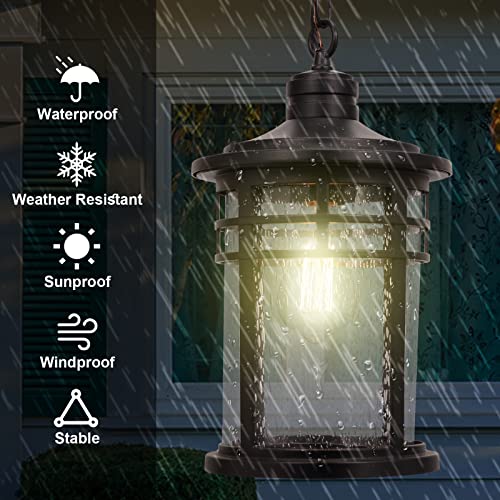 Darkaway Large Outdoor Pendant Lights, 15inch Outdoor Chandelier Hanging Porch Lights Outside Ceiling Mount Aluminum with Seeded Glass for Front Door Gazebo Patio (Large, Black) - color: Black, size: Large Size