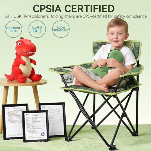 Huskfirm Padded Kids Camping Chair Folding Toddler Chair with Cup Holder & Safety Lock Portable Kids Beach Chair Ages 3-6 for Outdoor Camping Foldable Kids Chair Support 120lbs,Green Dinosaur - color: Green Dinosaur