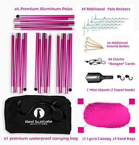 Red Suricata Family Beach Parasol - Sun Shade Canopy | UPF 50 UV Protection | Tent with 4 Aluminium Poles, 4 Pole Anchors, 4 Sandbag Anchors | Large & Portable Shelter Tarp - color: Pink, size: Medium 7' x 7'