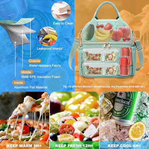 AIJIEKE Large Insulated Lunch Bag for Women, Double Compartment Leakproof Lunch Box for Work Office, Reusable Cooler Tote with Adjustable Strap & Side Pockets for Adults Picnic Beach, Green - color: Green
