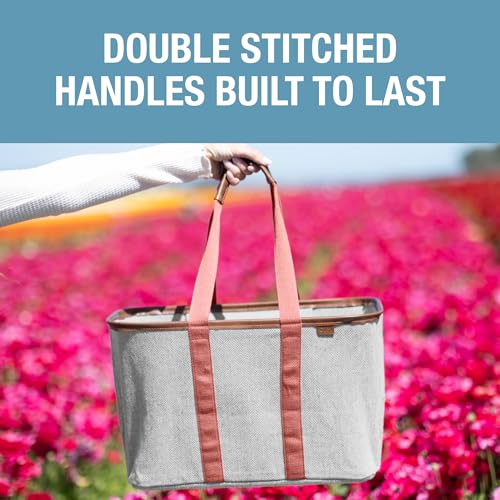 CleverMade Collapsible LUXE Tote, 30L Foldable Grocery Shopping Bag, Reusable - color: Rose Herringbone