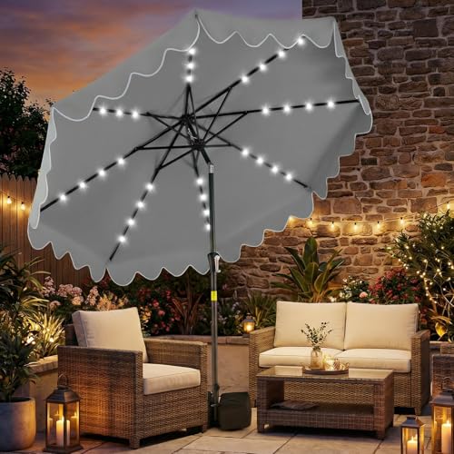 Tangkula 9 FT Solar Patio Umbrella with Base Included, 2-Tiers Outdoor Scalloped Table Umbrella with 32 LED Lights, 2 Sandbags, Tilt Adjustment, Crank, 8 Ribs for Market Backyard Pool Deck Beach Lawn - color: Gray, size: 9 FT