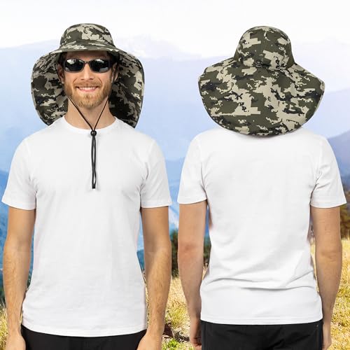SUN CUBE Wide Brim Sun Hat with Neck Flap, UPF50+ Hiking Safari Fishing Hat for Men Women, Sun Protection Beach Hat - color: Green Camo