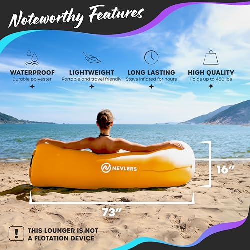 Nevlers Saffron Inflatable Lounger | 210T Polyester Inflatable Chair | No-Pump Inflatable Furniture | Camping Couch w/ 450lbs. Cap., Pockets & Matching Bag | Use as Inflatable Couch for Adults & Kids - color: Saffron, size: 1 Pack