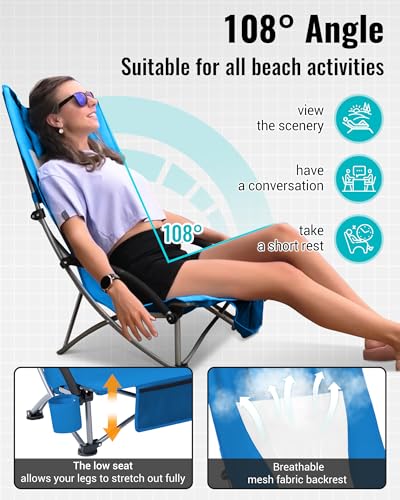 KingCamp Low Beach Chair, High Back Folding Camping Chair for Adults, Oversized Breathable Mesh Seat, 300lbs Heavy Duty Portable Chair with Cup Holder & Storage Pockets for Beach, Outdoor - color: Ergobreeze H Blue