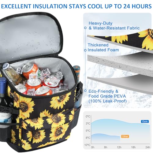 Tenot Cooler Backpack 33/40 Cans Backpack Coolers Insulated Leak Proof Soft Beach Cooler Bag for Men Women Ice Chest Backpack Camping Hiking Picnic Travel Cooler Lunch Backpack - color: Sunflower Floral, size: 33 Cans