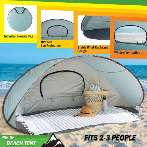 Pop Up Beach Tent - Fits 2-3 People - Sun Shelter with UV Protection and Ventilation - Water and Wind Resistant Camping Canopy by Wakeman (Blue)