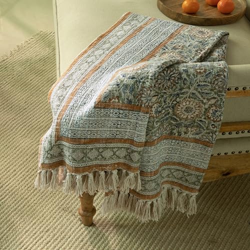 100% Pure Cotton Handblock Printed Throw Blanket, Soft 50" x 60" Fringed Floral Print Throw for Couch, Sofa, Chair, Bed - Cozy, Machine Washable, Comfortable Home Decor - color: Fern Green