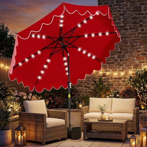 Tangkula 9 FT Solar Patio Umbrella with Base Included, 2-Tiers Outdoor Scalloped Table Umbrella with 32 LED Lights, 2 Sandbags, Tilt Adjustment, Crank, 8 Ribs for Market Backyard Pool Deck Beach Lawn - color: Red, size: 9 FT