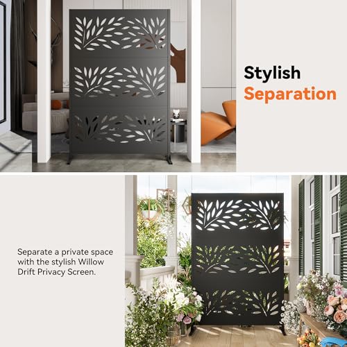 Modern Shade 4x6 FT Metal Privacy Screen with Artistic Modular Designs Decorative Patio Privacy Fence & Garden Divider, Freestanding Outdoor Metal Fence Panel, Weather-Resistant (Willow Drift) - size: 1 Panel (Willow Drift)