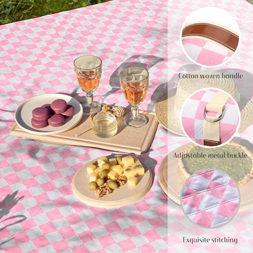 Nuanchu Checkered Picnic Blanket Extra Large Outdoor Blanket Sandproof 80"x80" Waterproof Portable Machine Washable 3 Layer Thick Gingham Picnic Mat for Beach Camping Park Grass Travel (Light Pink) - color: Light Pink