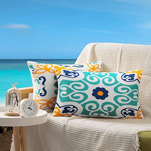Pyonic Outdoor Waterproof Throw Pillow Covers Set of 4 Floral Printed and Boho Farmhouse Outdoor Pillow Covers for Patio Funiture Garden 12x20 Inch Blue - color: Blue, size: 20" x 12" (Pack of 4)