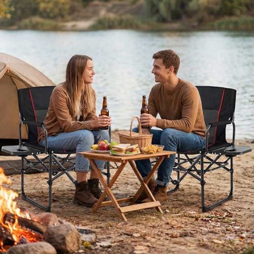 Goplus Folding Camping Chair, 2 Pack Heavy-Duty Director Chair with Side Table & Cup Holder, Portable Padded Chair with Carrying Bag for Picnic Beach Fishing Sports, Supports up to 500 LBS, Black - color: Black