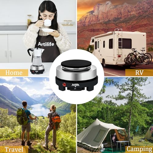 Artilife 500W Mini Electric Hot Plate - Moka Pot Special, 110V Compact RV Camping Stove, 4" Cast Iron Burner for Coffee, Low Wattage Portable