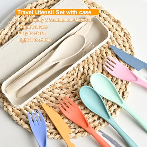 Travel Utensils with Case, 4 Sets Reusable Utensils Set with Case, Wheat Straw Utensils for Lunch Box Accessories, Camping Utensil Set for School Work Lunch or Daily Use - color: Travel Utensils with Case