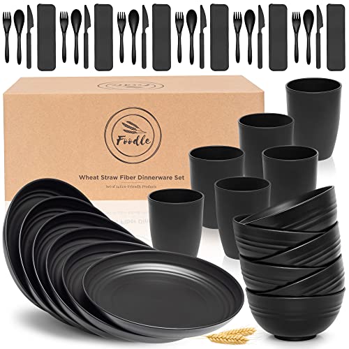 FOODLE Wheat Straw Dinnerware Set - BPA Free - Unbreakable, Microwave & Dishwasher Safe- Alternative to Plastic Dishes - Perfect for Outdoor, RV, Dorm - Camping Plates Cups and Bowls Set - For 6 - color: Black