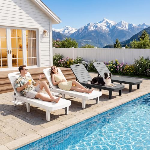 Outdoor Chaise Lounge Set of 4, 5-Position Adjustable Sun Lounge w/Pull-Out Tray, Waterproof PP Lounge Chairs for Outside, Lounge Chairs for Poolside, Patio, Beach, Yard in All Weather,Black - style: Set of 4