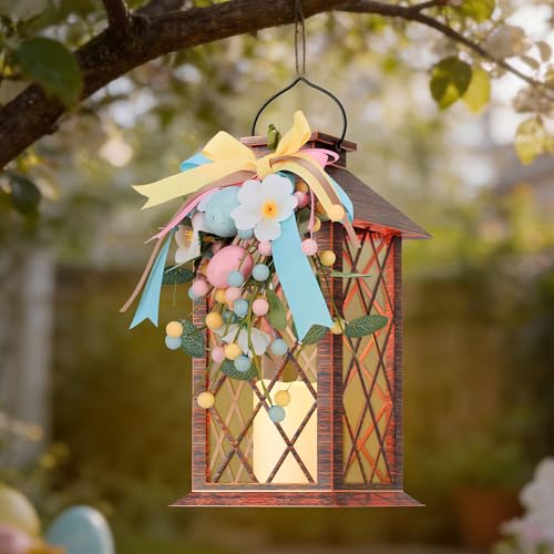 Easter Solar Lanterns Outdoor Waterproof, Hanging Spring and Easter Lantern with Flickering LED Candle, 13'' Bronze Outside Solar Powered Decorative Lantern for Patio Porch Garden Yard Pathway, 1 Pack - size: Easter 1 Pack