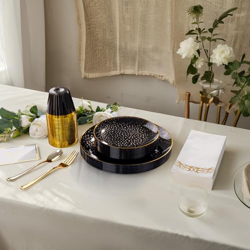 Rubtlamp 60Pcs Black Plastic Plates, Black Disposable Plates With Gold Rim, Clear Heavy-duty Party Plates, Hammered Plastic plates Include 30 Dessert Platos, 30 Dinner Platos for Party - color: Clear Black Gold