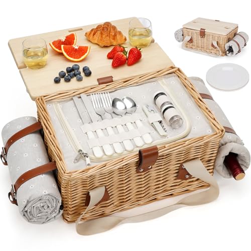 HappyPicnic Picnic Basket for 2, Handmade Wicker Picnic Set with Folding Table and Waterproof Blanket, Large Insulated Picnic Basket with Wine Bag & Cutlery Kit for Picnic, Camping, Holidays (Flower) - color: White Flower, size: 2-person set