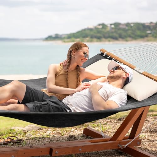 SUNCREAT Hammocks for Outside with Stand, Balance Ropes, Two Person Hammock for Poolside, Backyard, Garden, Patio, Dark Gray - color: Quick Dry-dark Gray