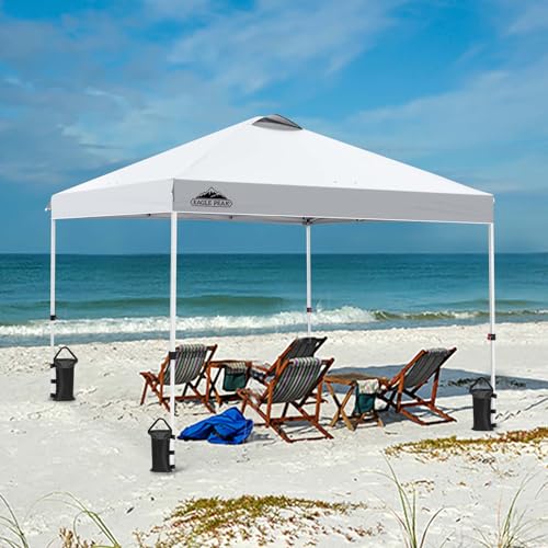 EAGLE PEAK Pop Up Canopy Tent with Wheeled Carry Bag, 8 Stakes, 4 Ropes, 4 Weight Bags, Easy Set Up Tent Canopy, 10x10 ft, 100sqft of Shade, White - color: White, size: 10x10
