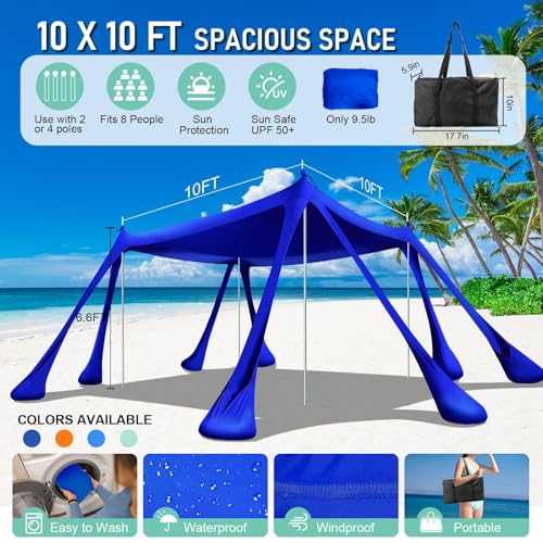 Beach Tent Sun Shelter Beach Canopy Tent Sun Shade Pop Up 10x10 UPF50+ with 8 Sandbags-2 Sand Shovel-Portable 4 Aluminum Poles-Ground Pegs-Easy Setup for Outdoor Family Camping Fishing Picnic - color: Navy