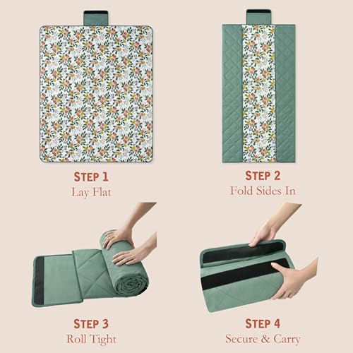 Weatherproof Vintage Waterproof Outdoor Blanket- Green Roll Up Throw Blanket with Handle, Velcro Closure - Camping Supplies, Travel Blanket for Beach, Picnic & Events, 60"x72" (Lemon Grove)