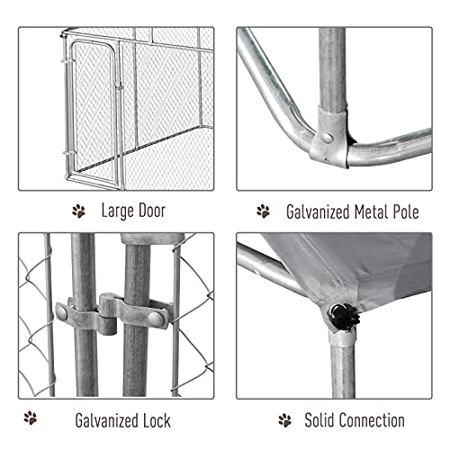 PawHut Outdoor Dog Kennel, Heavy Duty Dog Run Outdoor Fence with Waterproof Cover, Galvanized Chain Link, Secure Lock, 9.8' x 9.8' x 7.7' - size: 118.0"L x 118.0"W x 92.3"H