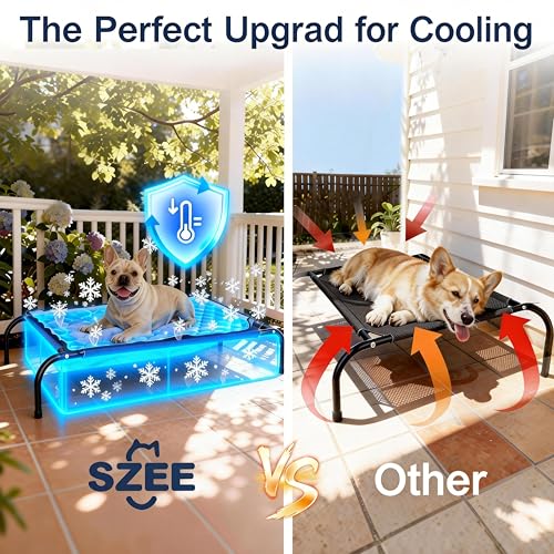 SZEE Raised Dog Cot Bed with Detachable 2-Sided Cooling/Warming Waterproof Mat, Elevated Dog Bed for Medium Sized Breeds with Durable Steel Frame & Sturdy Teslin Mesh, Outdoor & Indoor All-Season Use - size: Medium