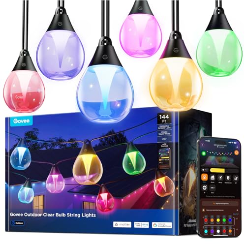 Govee Clear Bulb Outdoor String Lights 144ft, RGBWIC Smart Outdoor Lights with 45 Dimmable LED Bulbs, 111 Scene Modes, IP67 Waterproof & Shatterproof, Works with Alexa, Google & Matter for Patio - size: 144ft