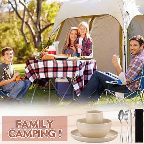 Teenyyou 4 Sets Camping Mess Kits for 4 Person Camping Silverware Set Include Cup, Bowl, Plate, Knife, Spoon, Fork Cutlery Set Unbreakable Wheat Straw Dinnerware Utensils for Travel - color: Dark Color