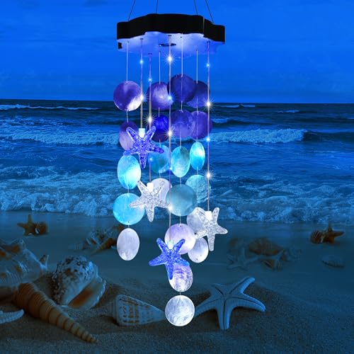 Solar Shell Gift for Mom Grandma Girls, White & Blue Christmas Solar Wind Chimes for Outside, Outdoor Decorative Mobile Lights for Garden, Yard, Patio, Window, Party, Outdoor Decorations - color: White & Blue